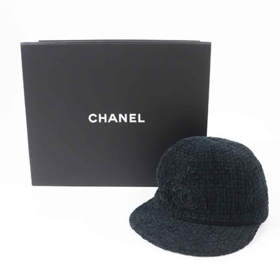 CHANEL 22B AA8562 Coco Mark Fantasy Tweed Cap Hat Black Glitter M