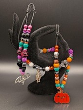 Spooky Family Halloween Necklace Set Skeleton Pumpkin Bat Beaded Jewelry Kids