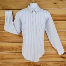 Hathaway Dress Shirt Mens Size 16.5 Blue Striped Cotton Blend English Poplin