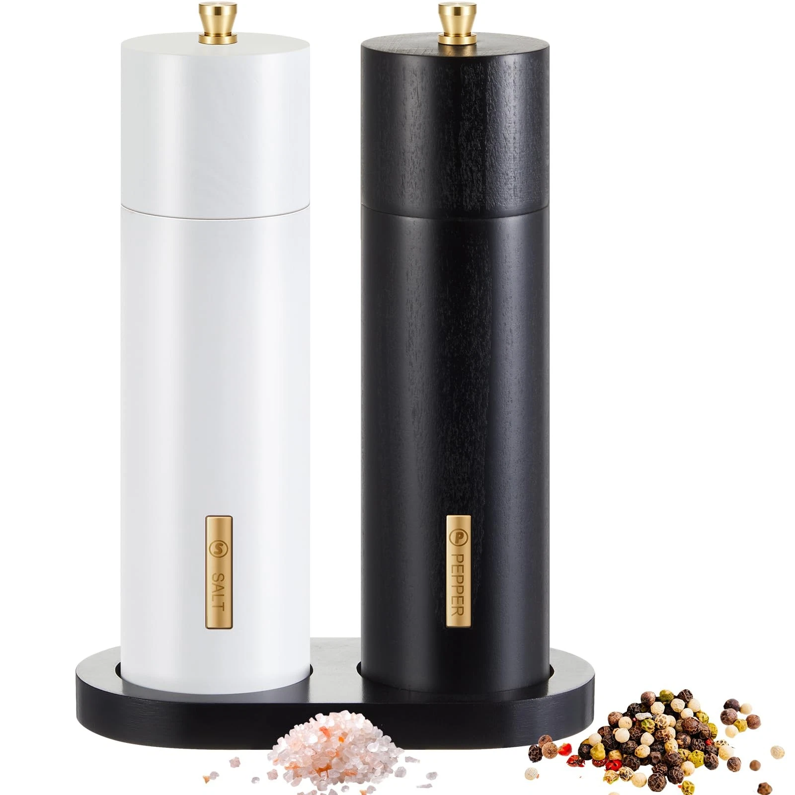 Wooden Salt and Pepper Grinder Set Manual Salt and Pepper Mill with Tray Adju...