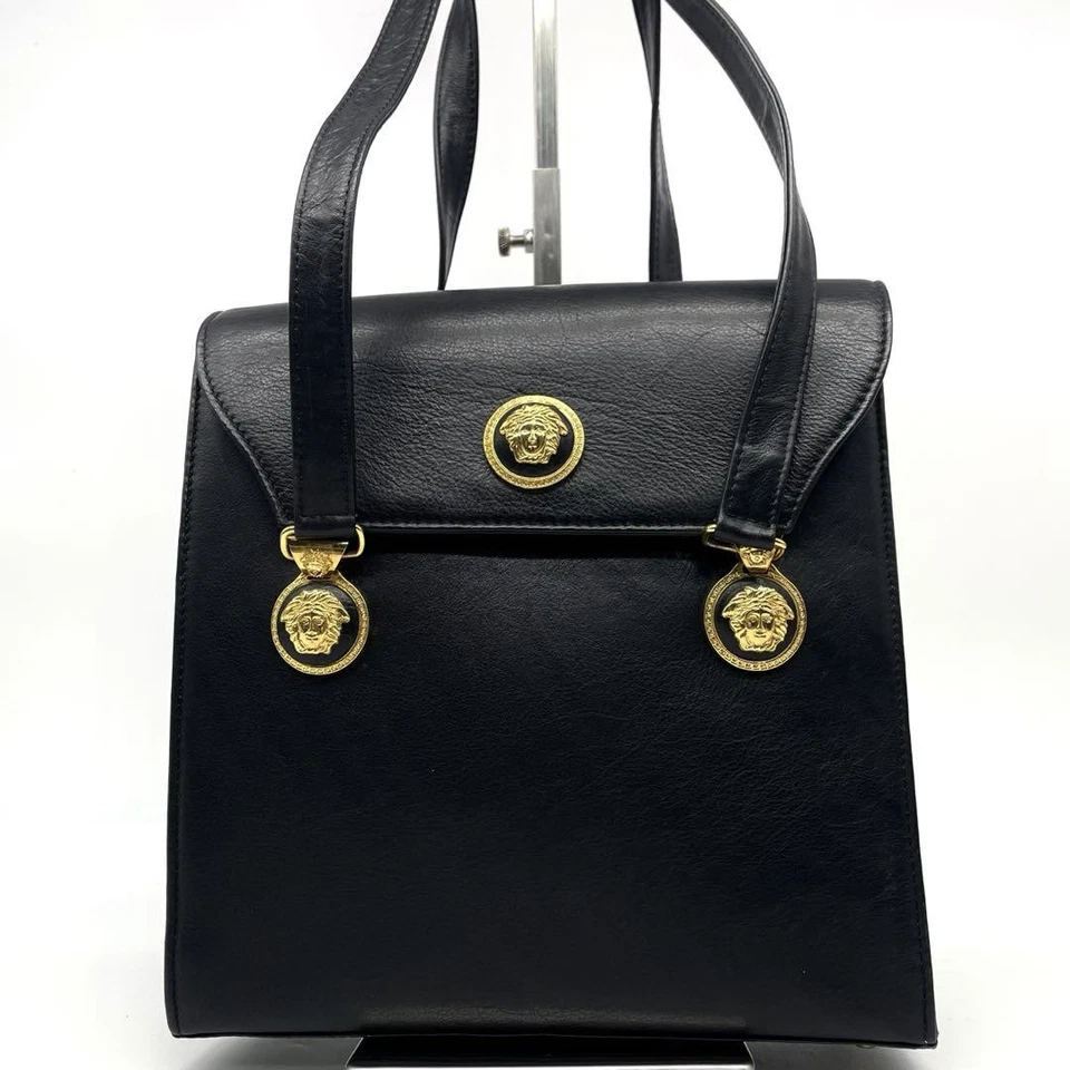 Versace Tote Bag Shoulder Strap Medusa Gold Hardware Leather Black Authentic - Image 2 of 4