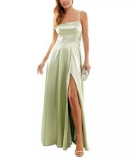 Speechless Juniors' Leg-Slit Satin Sleeveless Gown Pistachio 5