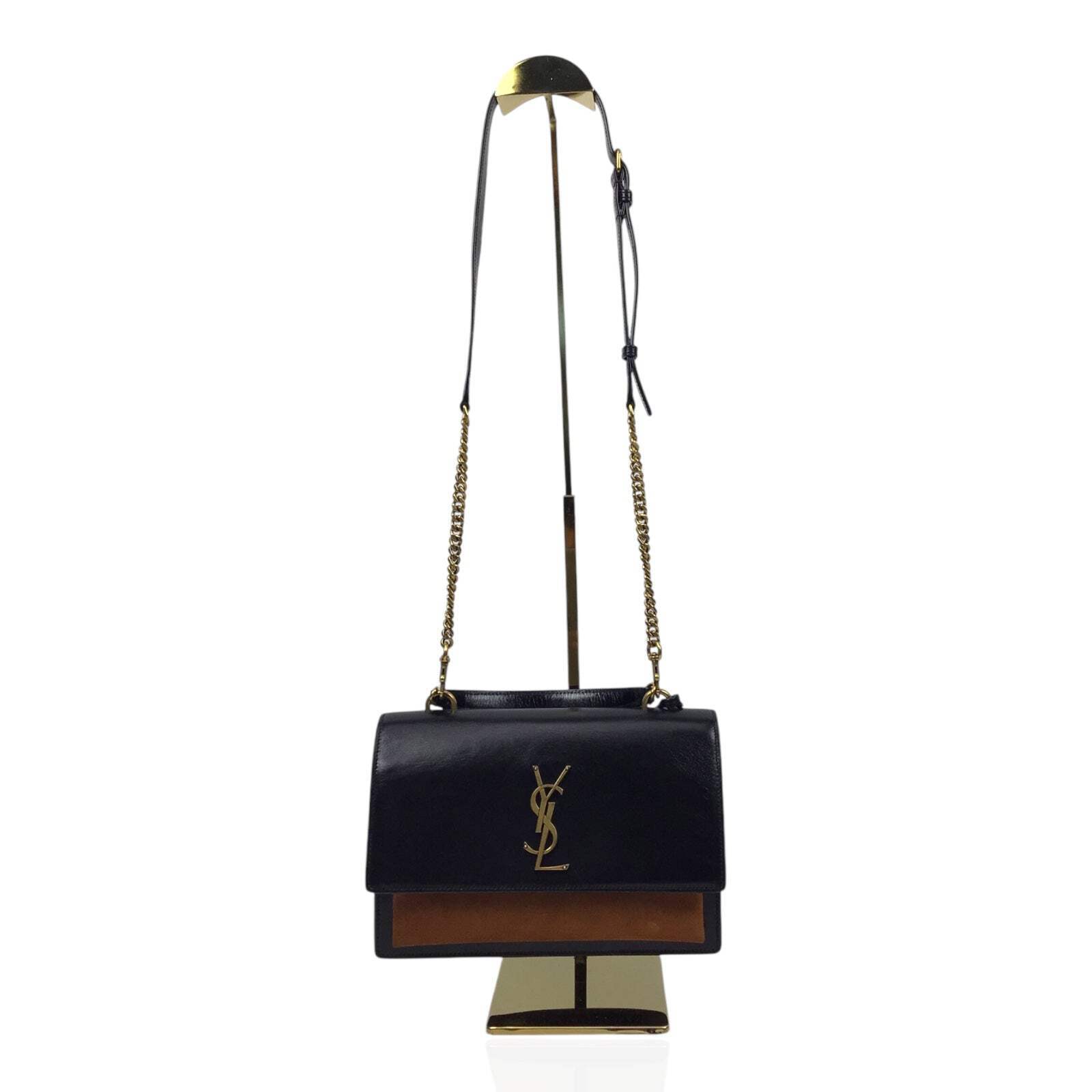 SAINT LAURENT Borsa a mano YSL Sunset in pelle di vitello nera e camoscio marrone con manico superiore
