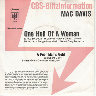 7'' MAC DAVIS: One Hell Of A Woman  PROMO MINT 