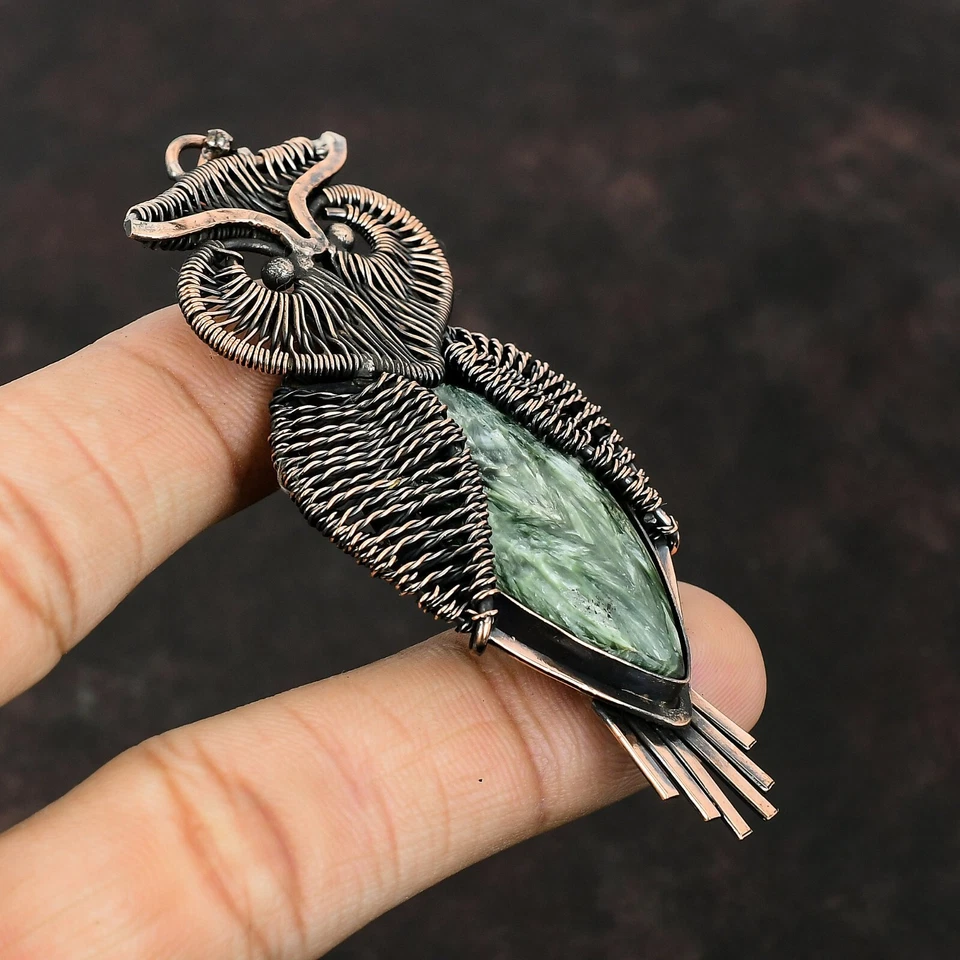 Colgante de búho envuelto en alambre regalo cobre piedras preciosas de serafinita 3,46" Foto 3 de 4