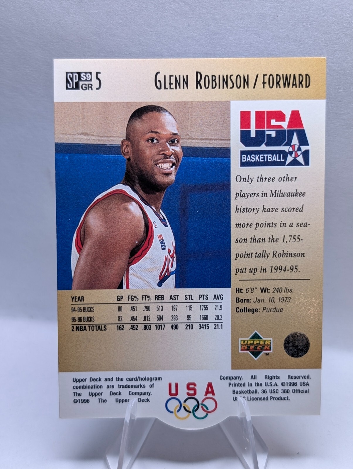 1996 Upper Deck SP USA Die-Cut Glenn Robinson #SPS9 GR5 USA Basketball