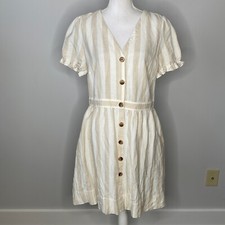 LOFT Striped Puff Sleeve Pocket Shirtdress Women Size 10 Petite Linen Blend