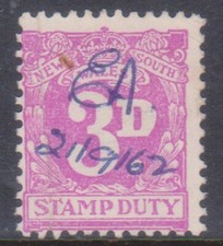 (F315-63) 1950 NSW 3d violet stamp duty (BM)