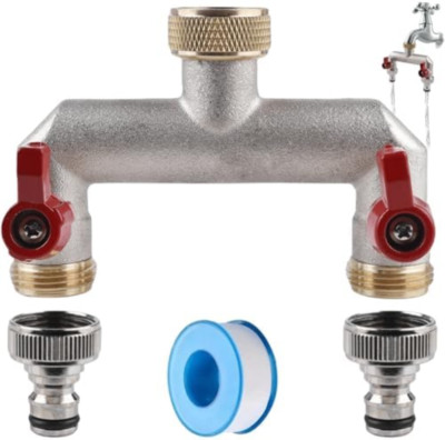Distributore Acqua A 2 Vie In Ottone 3/4" Con Adattatori 1/2": Rubinetti Indipendenti Per Tubi E Irrigazione