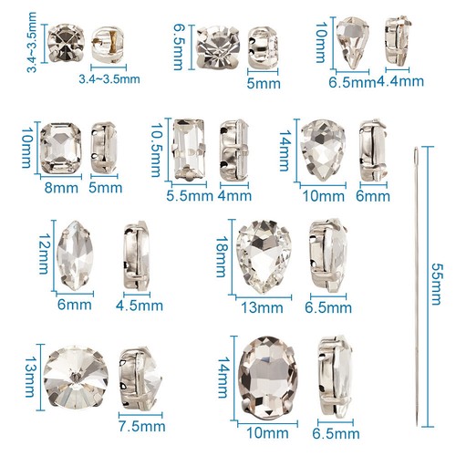 Platinum Sew on Glass Rhinestone 180pcs Mixed Shapes Glass Gems with Needles - Picture 3 of 7