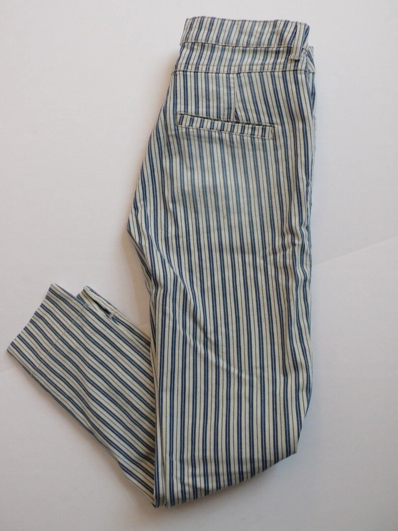 MNG DENIM & TEES Women's Tan & Blue Stripe Cotton Stretch Capri Pant Sz 4