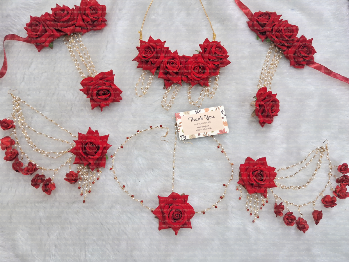 Artificial Floral Red Rose Jewelry Set Haldi Mehendi Baby Shower