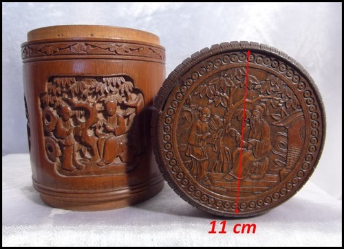 Chine Ancienne Impériale vers1850 Pot Couvert en Bambou sculpté de Divinités 19e - Picture 2 of 12