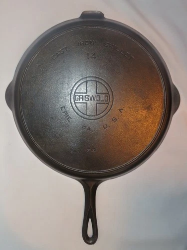 Griswold LBL EPA # 14 Skillet 718 w/ Helper Handle  Heat Ring - hairline crack