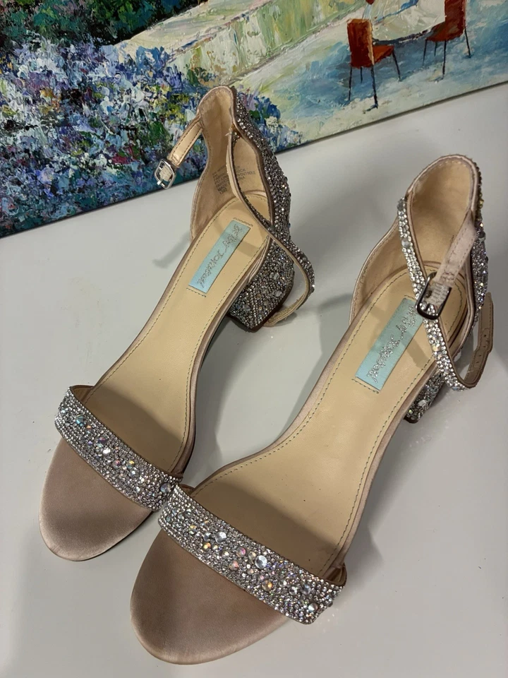 Betsey Johnson Silver SB Hale Rhinestone Bling Heel Strappy Sandals Size 8 - Image 2 of 4