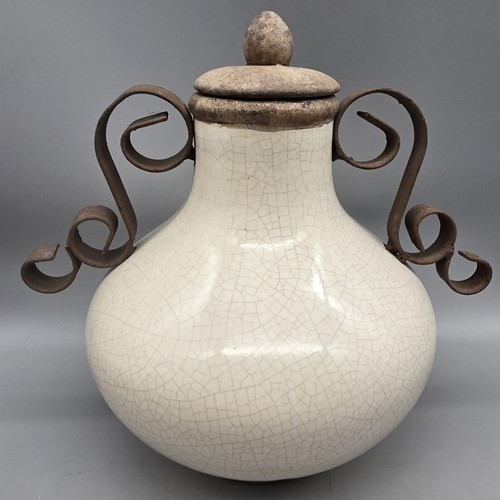Vintage Clay Urn With Scrolled Metal Handles, Lid 9” Tall Crackle Glaze Rustic
