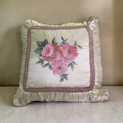 Touch of Class Blush Rose Pillow 18  Floral Embroidered Ruffle Trim Luxury