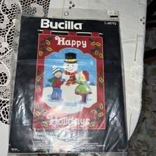 Vtg Christmas Felt Sequin Jeweled Wall Hanging Snowman from Bucilla Kit 48792