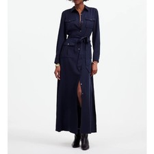 Madewell Utility Tie Waist Maxi Shirtdress Navy Belted Pockets Lyocell XXS NWT