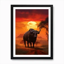 African Buffalo Sunset Portrait Rea Framed Wall Art Poster Canvas Print Picture