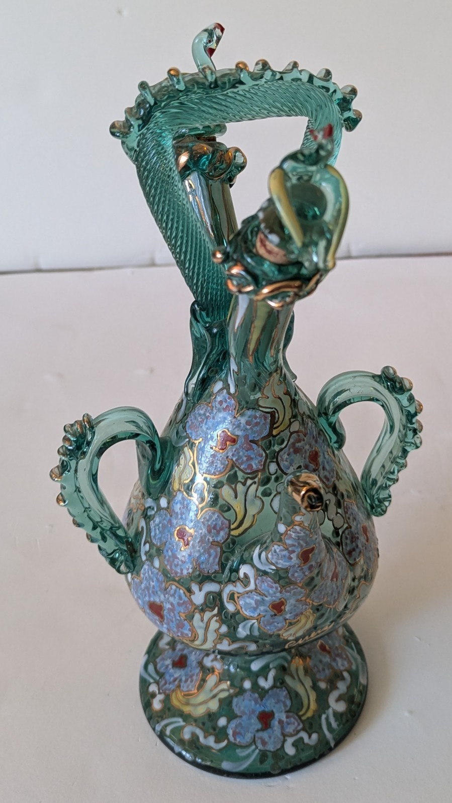 Spanish Art Glass Wedding Cruet Decanter Antique Enamel Spain 11" Tall