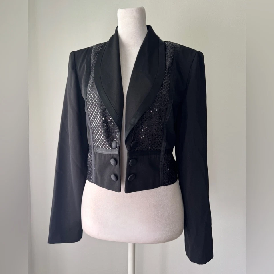 Vintage ‘90s Perceptions by Irene B Black Sequined Cropped Tuxedo Jacket - Image 2 of 4