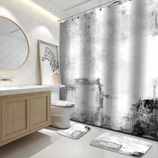 4Pcs Bathroom Shower Curtain Sets with Rugs White Black Painting Art Decor