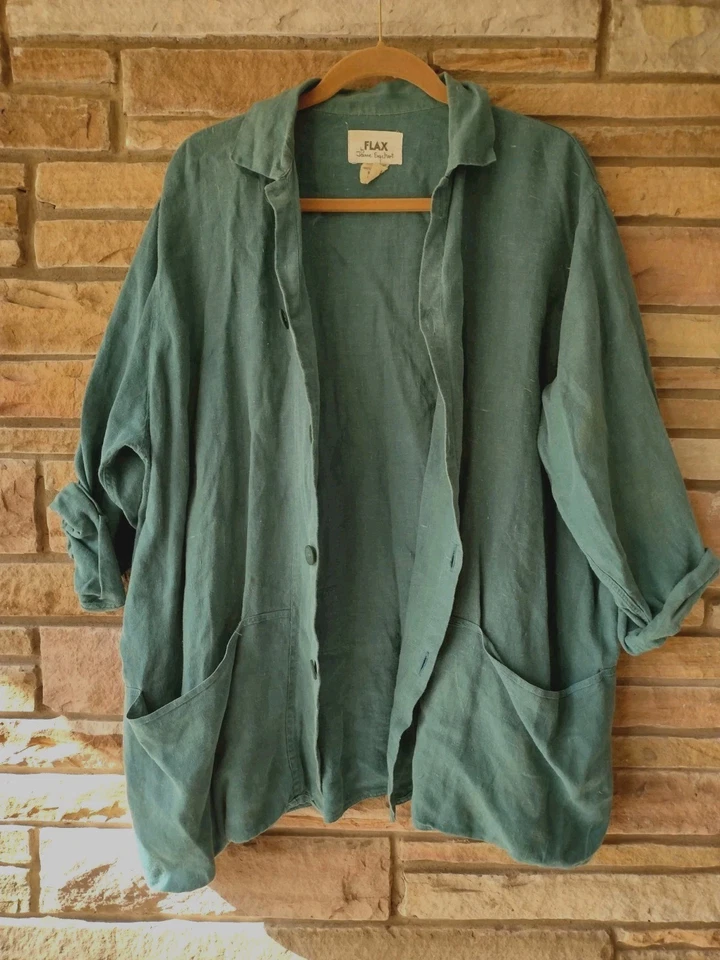 Camisa Chaqueta Vintage Años 90 FLAX Jeanne Engelhart Lino M Madera Teal Botones Bolsillos Foto 4 de 4