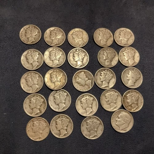 Mercury Dimes 90% Silver Mixed Lot Of 34 Coins One Roosevelt Silver Good Dates