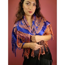 Vintage 1940's WWII Blue and Pink Rayon Satin Piano Scarf Square Shawl w/ Fringe