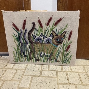 Vintage 1970's Framed Crewel 3 Siamese Cats w/Grass & Bulrushes 16x21