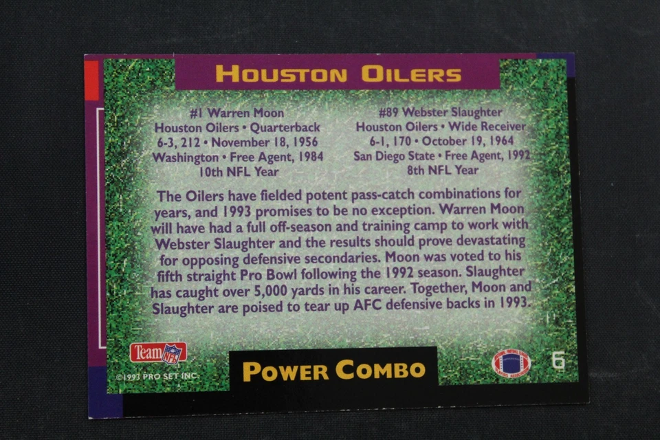 1993 Pro Set Power #6 Warren Moon / Webster Slaughter Combos (D8912 - Image 2 of 2
