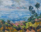 Art Orig Oil Painting RM Mortensen "Pacific Blue" Seascape Palm Trees Wildflower