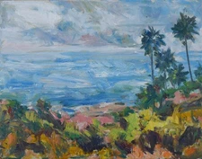 Art Orig Oil Painting RM Mortensen "Pacific Blue" Seascape Palm Trees Wildflower