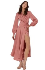 Nasty Gal Wrap Dress Satin Pink Long Sleeve Midi Size 4 Feminine Holiday