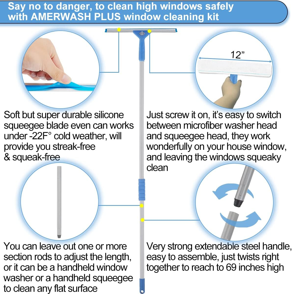 Window Squeegee Washing Kit for High Window, Shower Glass Door, Mirror Cleaning,