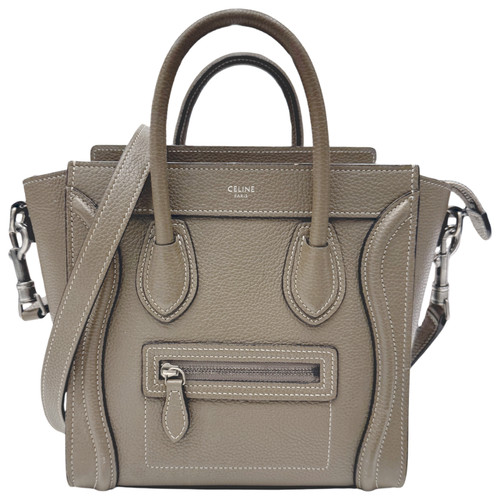 CELINE Nano Luggage Gray Beige Leather 2Way Shoulder Bag Used From Japan