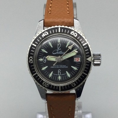 Vintage Chateau Swiss Women Watch 26mm Black Diver Manual Wind Leather
