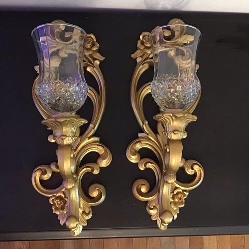 Hollywood Regency VTG Set Homco Sconce Gold Wall Hanging W/ Glass Shades