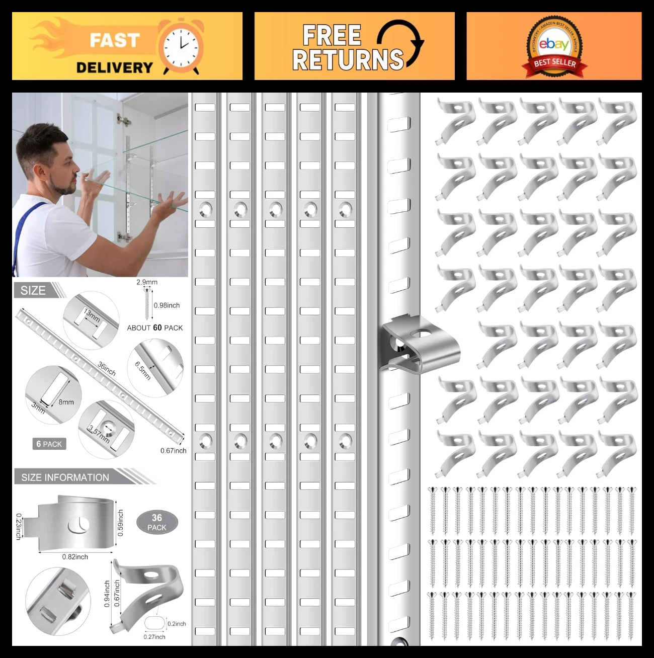 36" Adjustable Shelf Pilaster & Clips - Metal Mortise Mount for Bookcases, Close