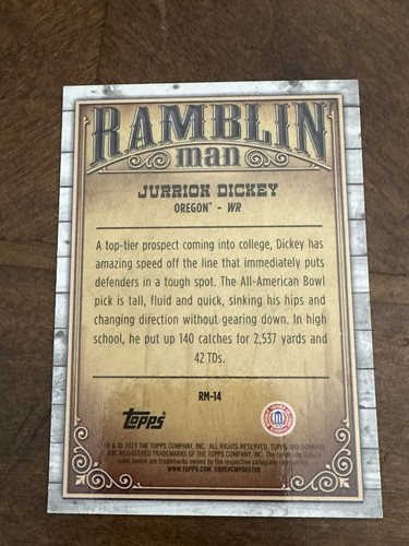 Jurrion Dickey 2023 Bowman Chrome U Ramblin Man Insert #RM-14 Oregon Ducks Wr - Imagen 7 de 7