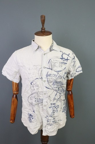 Desigual Regular Gray Embroidered Printed Short Sleeve Button Down Shirt Size L