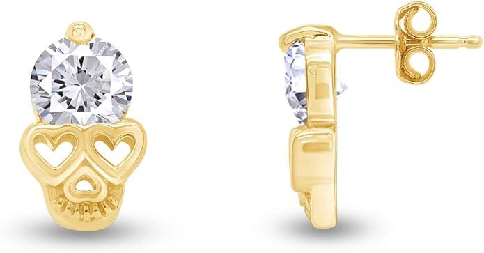 Heart Stud Earrings with Simulated Birthstone in 14K Gold Plated Silver-image