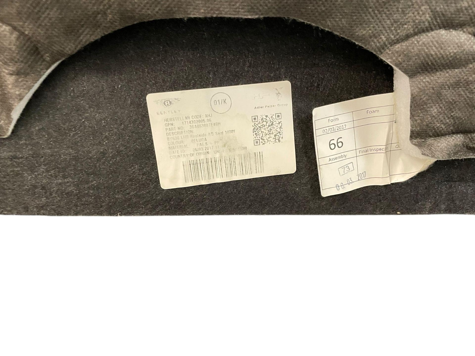 2016-2020 BENTLEY BENTAYGA REAR LEFT TRUNK QUARTER PANEL INNER TRIM COVER PANEL