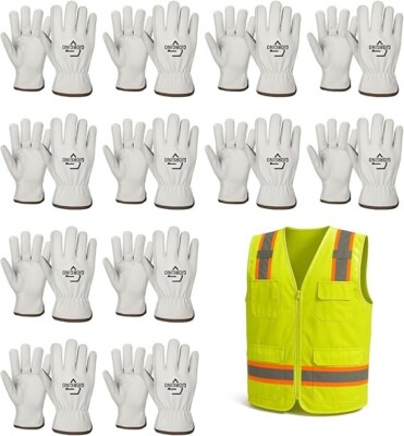 Giorgino 12 Pairs Leather Work Gloves Men with FREE Hi Vis Vest, Heavy Duty