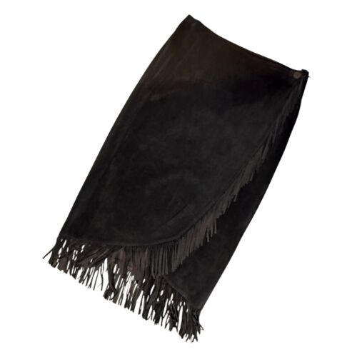 IRKA Suede Leather Fringe Wrap Skirt Size 12 Black Western BOHO Hippie Festival