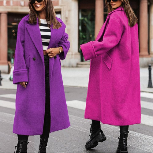 Women Lapel Wool Trench Long Coat Jacket Winter Solid Overcoat Outwear Plus Size - Picture 4 of 28