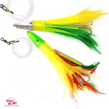 2pcs 6" Fishing Tuna Feather head Jet Rigged Lure Double tuna Hook Green Yellow