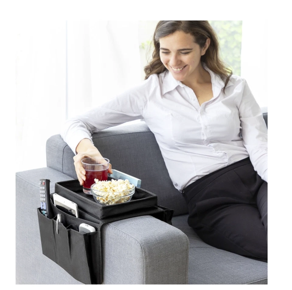 Plateau de Canapé avec Rangement pour Télécommande, Porte-gobelets et Organiseur - Photo 3/4