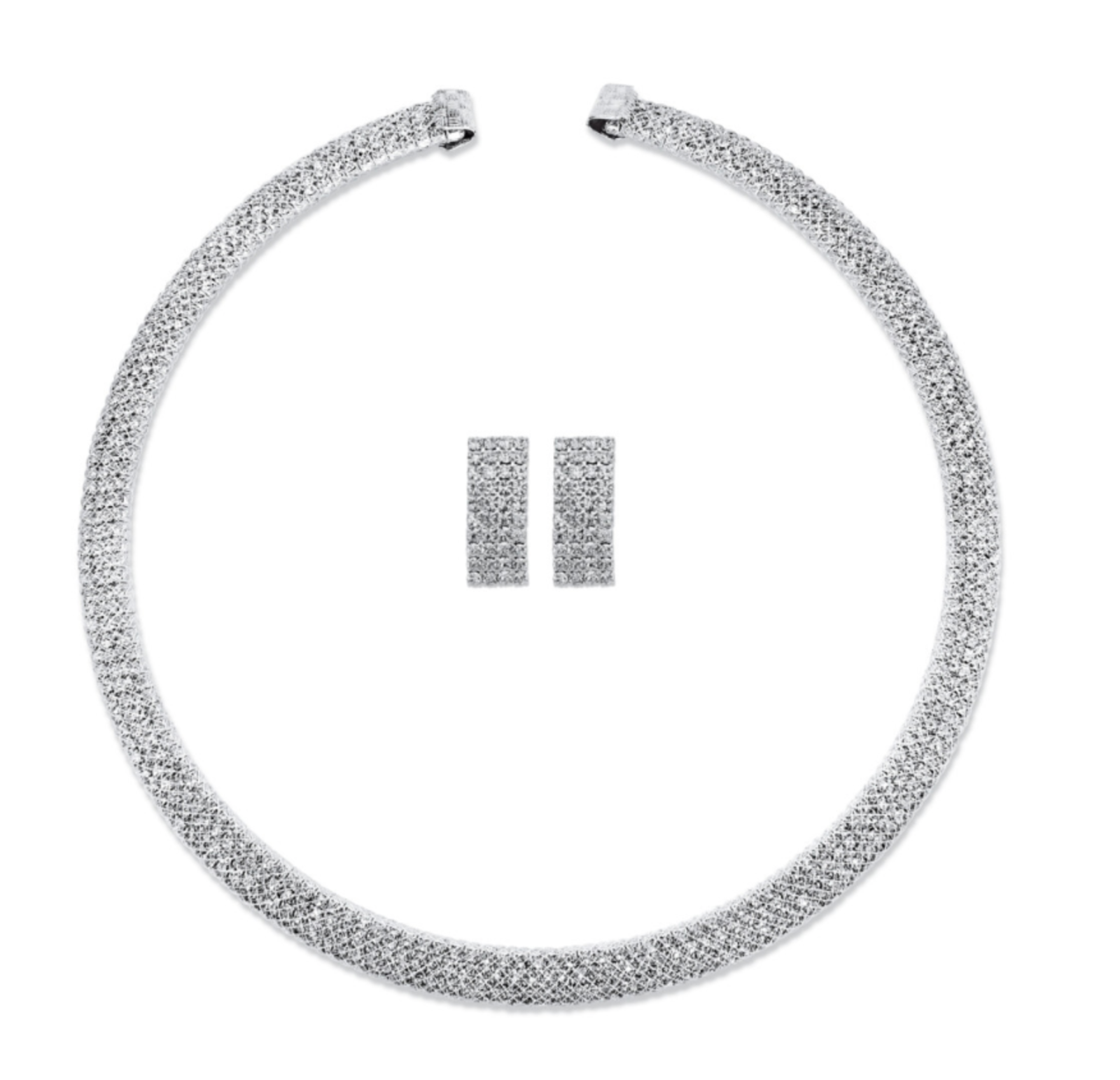 PRINCESS CUT CRYSTAL DROP EARRINGS OPEN COLLAR NECKLACE SET SILVERTONE